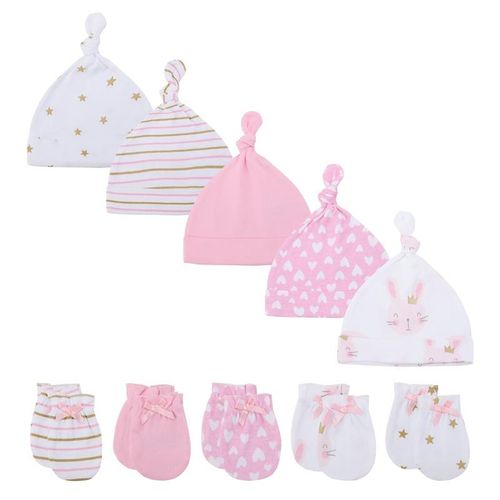 Kiddiezoom 10 Pieces Newborn 0-6 Months Cotton Baby Gloves+Hats Sets Unisex Girl Boy Anti-Scratch Mittens Soft Print Cartoon