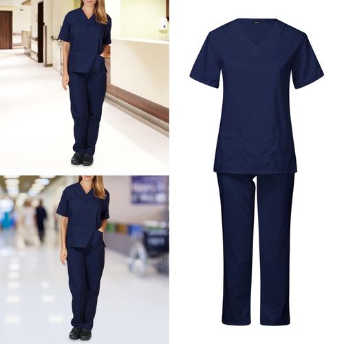 Unisex Nursing Scrub Set Short-Sleeve Tunic Suit V-Neck Navy blue S