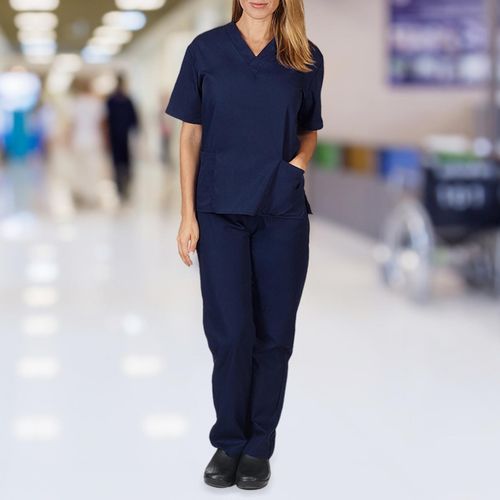 Unisex Nursing Scrub Set Short-Sleeve Tunic Suit V-Neck Navy blue S