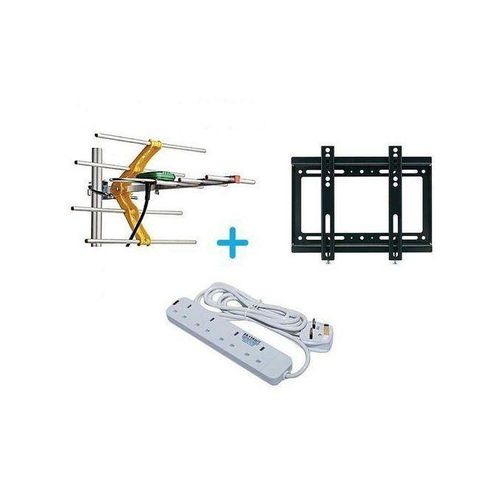 Digital Aerial + FREE 14"-42" TV Wall Mount Bracket + 4-way Heavy Duty Power Extension - White/Black