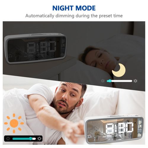 Digital Alarm Clock, 5.1'' LED Mirror Display, 3 Levels Dimmer, Dark Mode, Dual Alarms with Snooze, 12/24H, Digital Alarm Clocks for Bedroom Bedside Desk NO5140
