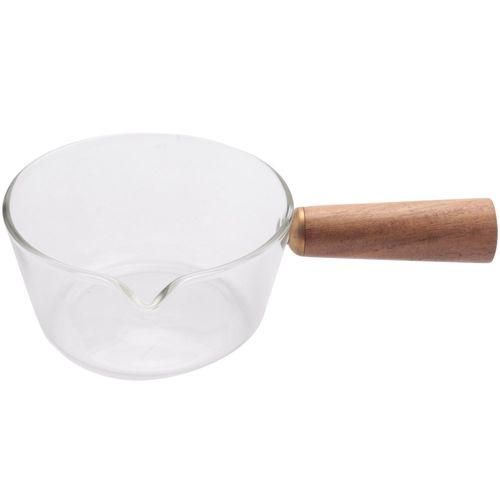 Glass Milk Pot with Wooden Handle 400Ml Cooking Pot for Salad Noodles Gas Stove Cookware