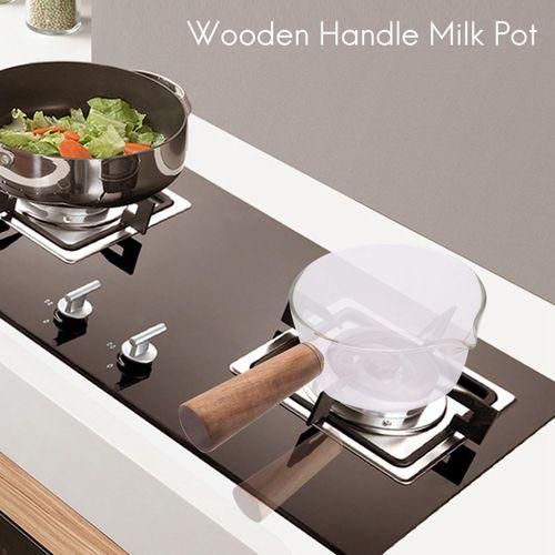 Glass Milk Pot with Wooden Handle 400Ml Cooking Pot for Salad Noodles Gas Stove Cookware