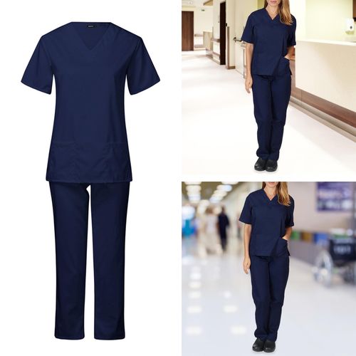 Unisex V Neck Scrubs Set Uniform - Women and Man Nursing Navy blue S