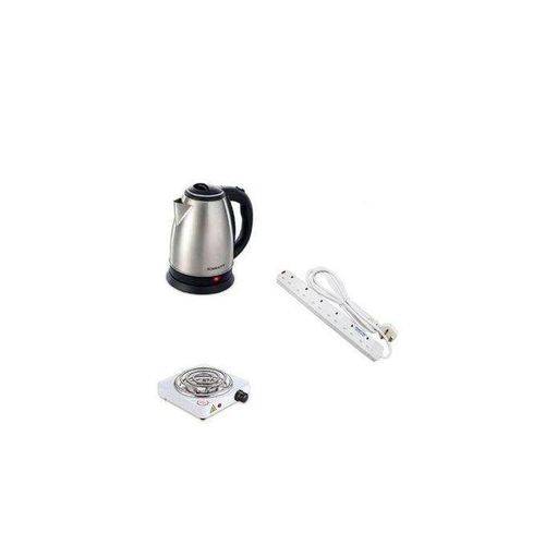 Original Single Coil Hotplate, 2L Electric Kettle, & 6 Way Extension Cable - White, Silver