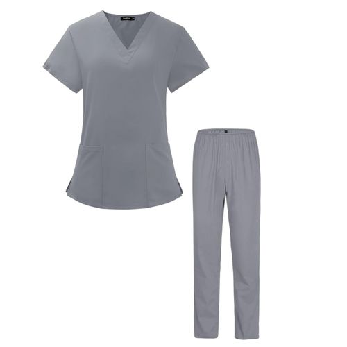Scrub Top And Pants Set Machine Washable Women Scrubs Gray