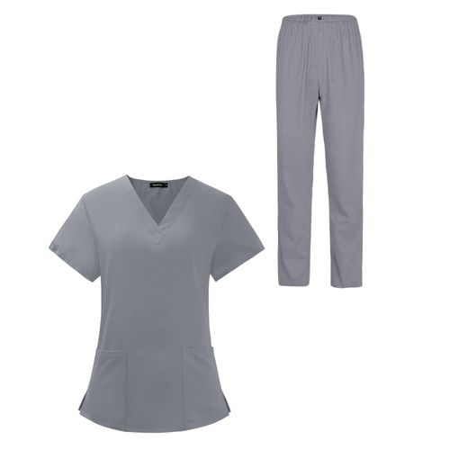 Scrub Top And Pants Set Machine Washable Women Scrubs Gray