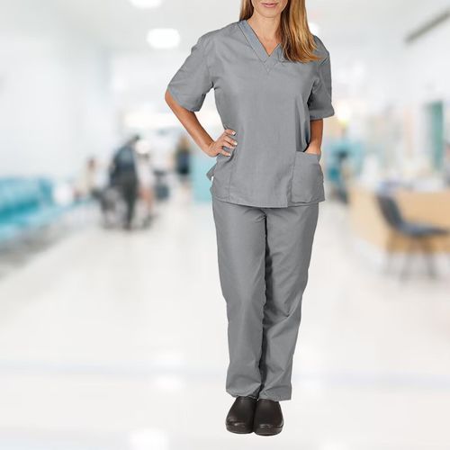 Scrub Top And Pants Set Machine Washable Women Scrubs Gray