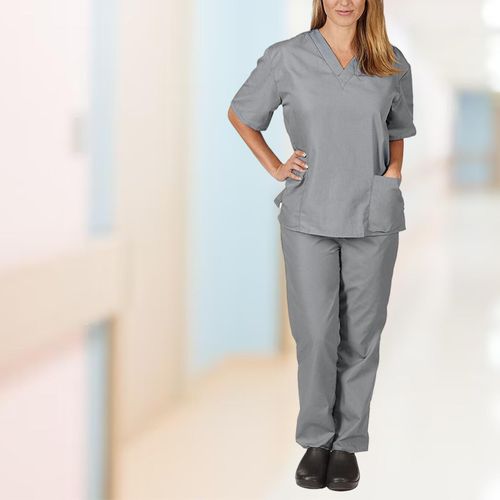 Scrub Top And Pants Set Machine Washable Women Scrubs Gray
