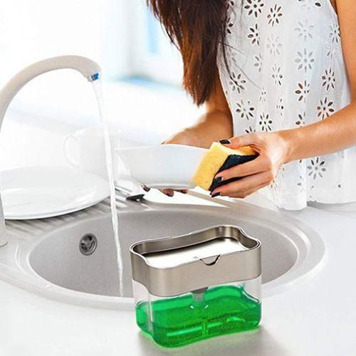 Kitchen Dishwasher Brush Press Liquid Soap Pump Box Soap Dispenser With Washing Sponge Detergent Automatic Cleaning Brush Grey