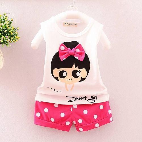 Girls Cartoon Print Vest  Polkadot Short Pant Clothing Set