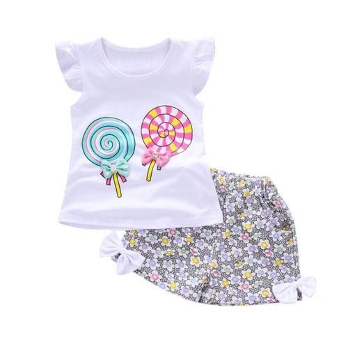 Girls Lollipop Flying Sleeve  Short Cotton Suit  White
