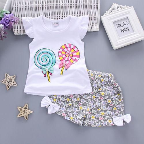 Girls Lollipop Flying Sleeve  Short Cotton Suit  White