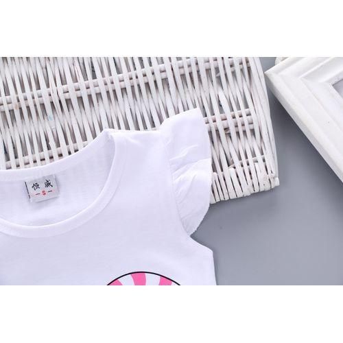 Girls Lollipop Flying Sleeve  Short Cotton Suit  White