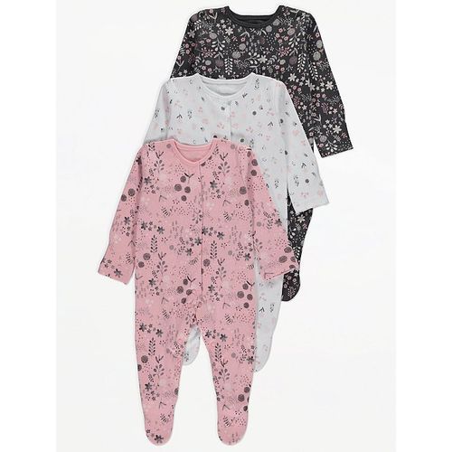 Pastel Ditzy Floral Print Sleepsuits 3 Pack - Pink, Black, White.
