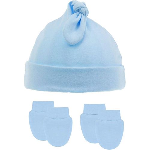 Royal Icon Newborn Baby Hat Boys Girls Knot Cotton Hat with 2 Pairs Anti Scratch Mitten Set Knotty Hat 0-6 Months - Multi-Colour