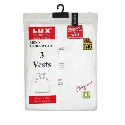 Men's Vest - 3 pieces Pack of Lux Premium Cotton Vests+Afree Pen White