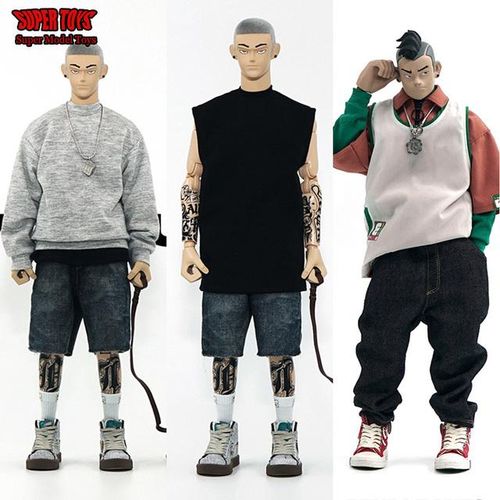 1/6 Trendy Hop Loose Jeans Street Vest Neck Hoodie Pullover Y2K Jean Trousers Shorts Clothes For 12
