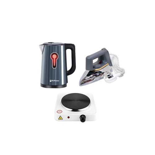 Hoffmans Pack Of Original 2.5Ltrs Electric Tea Kettle For Boiling Water Double Wall Hot Water Boiler with Automatic Shut Off & Boil-Dry Protection Plus A Flat Iron With Non Stick Coating Soleplate And A Single Solid Electric Hotplate 1000W- Multicolor