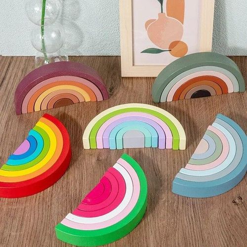 Wood Rainbow Stacking Toy Cognitive Early Educational Building Blocks Rainbow Tower Wooden Stacking Toy For Kids Gifts