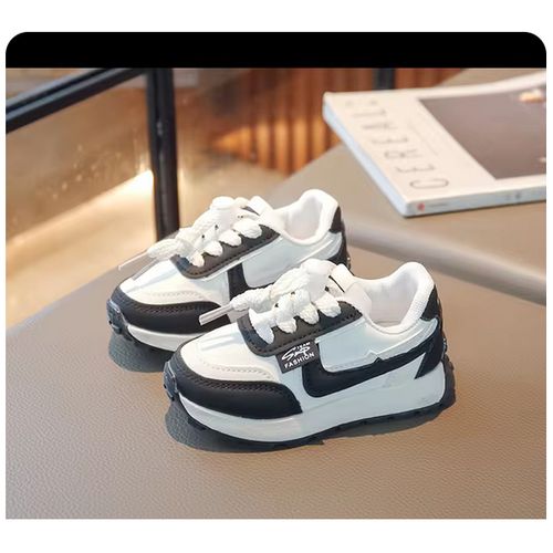 Black-White Breathable Stitch Sneakers For Children, Sports Racing Shoes For Boys And Girls, Leisure Sneakers For Children, Relaxed Walk, Spring