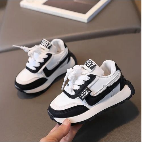 Black-White Breathable Stitch Sneakers For Children, Sports Racing Shoes For Boys And Girls, Leisure Sneakers For Children, Relaxed Walk, Spring