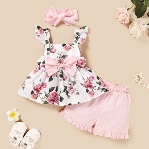 Toddler Baby Girls Outfit Rose Floral Bow Tank Tops + Shorts + Headband