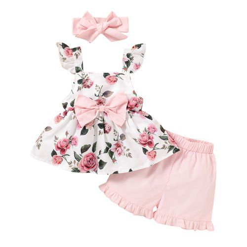 Toddler Baby Girls Outfit Rose Floral Bow Tank Tops + Shorts + Headband