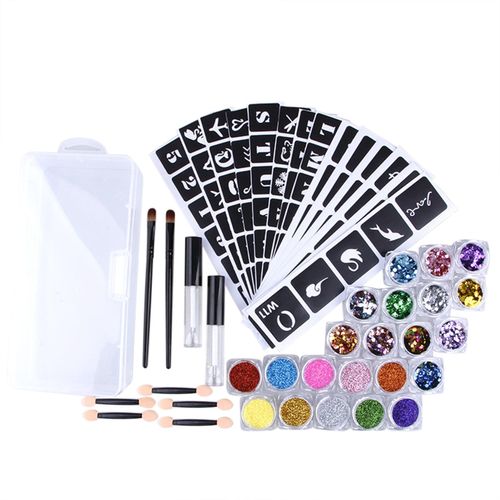 Body Glitter Tattoo Set Temporary Glitter Tattoos Kit 22 PCS Glitter Colors Fake   Tattoo kit with Tattoo Stencils Brushes Glue Waterproof Temporary Make up Body   Face Paint Glitter for Adult Kids Teenager NO5137