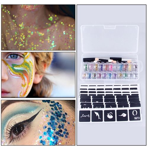Body Glitter Tattoo Set Temporary Glitter Tattoos Kit 22 PCS Glitter Colors Fake   Tattoo kit with Tattoo Stencils Brushes Glue Waterproof Temporary Make up Body   Face Paint Glitter for Adult Kids Teenager NO5137