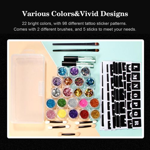 Body Glitter Tattoo Set Temporary Glitter Tattoos Kit 22 PCS Glitter Colors Fake   Tattoo kit with Tattoo Stencils Brushes Glue Waterproof Temporary Make up Body   Face Paint Glitter for Adult Kids Teenager NO5137