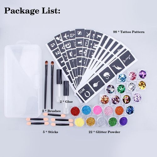 Body Glitter Tattoo Set Temporary Glitter Tattoos Kit 22 PCS Glitter Colors Fake   Tattoo kit with Tattoo Stencils Brushes Glue Waterproof Temporary Make up Body   Face Paint Glitter for Adult Kids Teenager NO5137