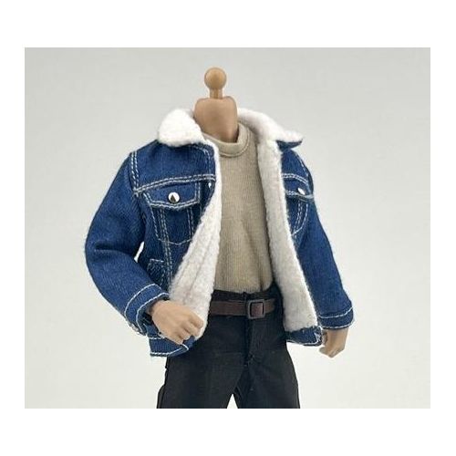 1/12 Male Solider Neck T-shirt Lamb Down Denim Jacket Straight Casual Pants with Belt for 6'' NW SHF 3A DAM Action Figure