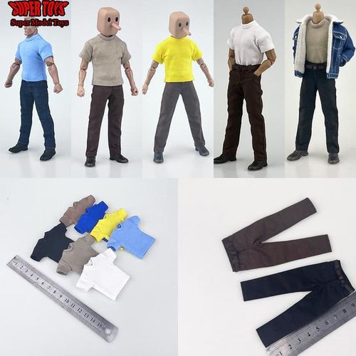 1/12 Male Solider Neck T-shirt Lamb Down Denim Jacket Straight Casual Pants with Belt for 6'' NW SHF 3A DAM Action Figure