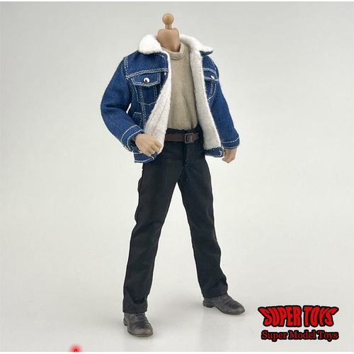 1/12 Male Solider Neck T-shirt Lamb Down Denim Jacket Straight Casual Pants with Belt for 6'' NW SHF 3A DAM Action Figure
