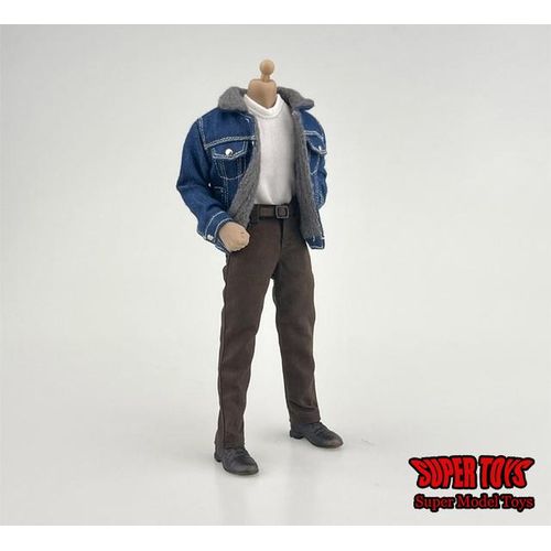 1/12 Male Solider Neck T-shirt Lamb Down Denim Jacket Straight Casual Pants with Belt for 6'' NW SHF 3A DAM Action Figure