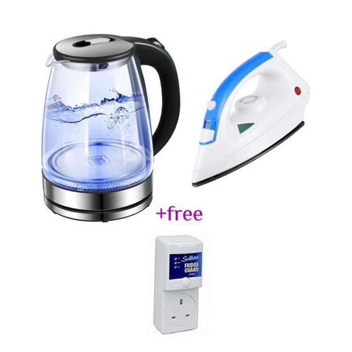 Pack Of Original 2L Glass Electric Kettle With LED Blue Light And A Non Stick Steam Flat Iron Plus A Free  Fridge Guard Protection- Silver , Black