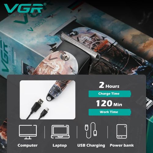 Genetic  V-953 Graffiti Design Professional Rechargeable cordless Hair & Beard Trimmer with Stainless steel Blades, USB Charging cable, 3 Guide Combs