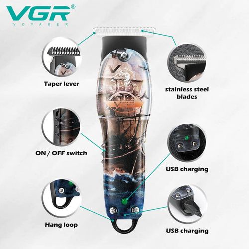Genetic  V-953 Graffiti Design Professional Rechargeable cordless Hair & Beard Trimmer with Stainless steel Blades, USB Charging cable, 3 Guide Combs