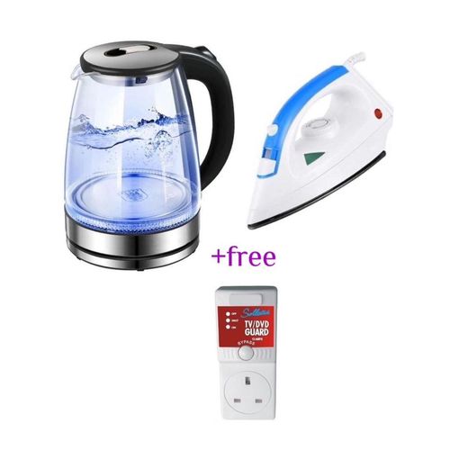 Pack Of Original 2L Glass Electric Kettle With LED Blue Light And A  Non Stick Steam Flat Iron Plus A Free Linier Voltshield TV Guard- Silver , Black