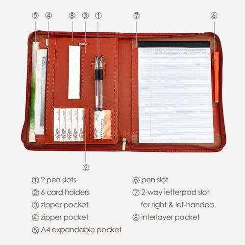 Bisofice Zippered Padfolio A4 PU Leather Portfolio Organizer For