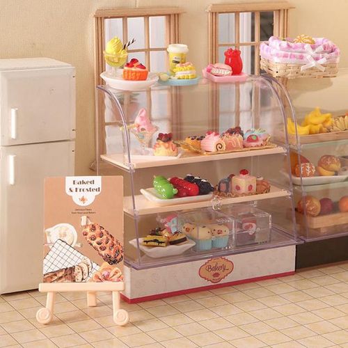 Hot 1:12 Scale Dollhouse Miniature Food Bakery Shop Cake Display Counter Bakery Cabinet Model Showcase Mini Snack Cabinet