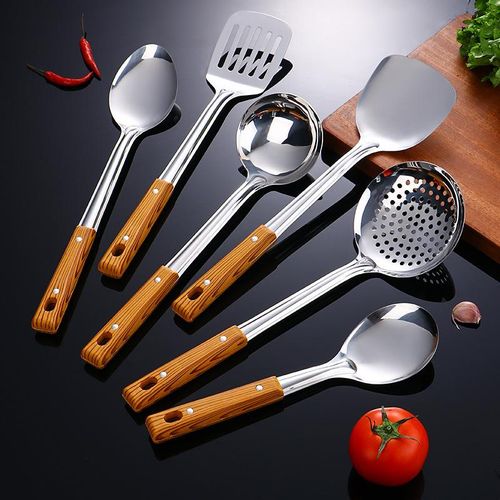 Stainless steel kitchenware set for stir frying, heat-insulating, thickened wood grain handle, spatula, leaky spoon, soup spoon, household kitchen utensils