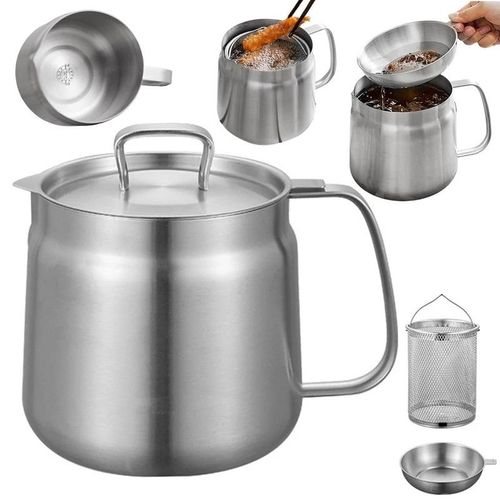 Stainless Steel Versatile Oil Filter Vessel 1.5L Kitchen Fryer with Filter Leak-proof Deep Frying Pot for Cooking French Fries