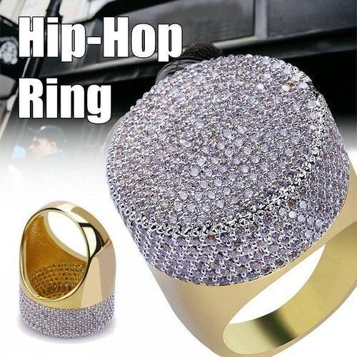 Hip Hop Fashion Ring Gold Plated Rapper Round Bling Rings Men Jewelry Size 7