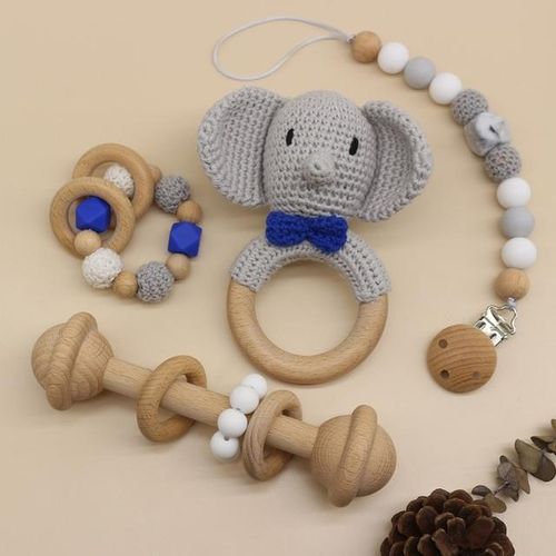 Diy Crochet Elephant Baby Teether Bpa Free Silicone Beads Teething Bracelet Baby Pacifier Clip Rodents Wooden Baby Rattle Toys