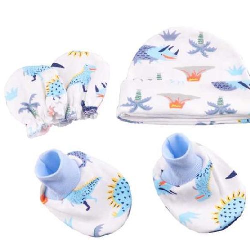 Baby Cotton Cap,Mitten & Booties Set - Blue Multiple Designs