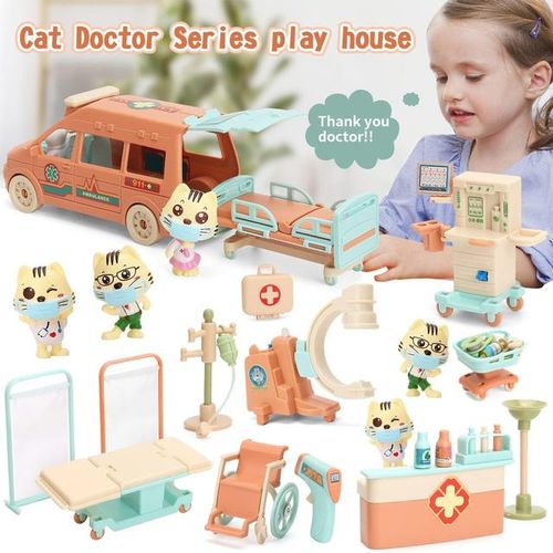 Cat Dolls Pet Pretend Play Toys, Figures Playset Toy, Hospital and Ambulance Toy with Lights and Sound, Educational Toys