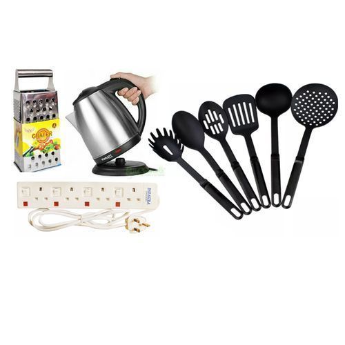 Other Kitchen Set of 6Ladles,Grater,2ltrs Kettle,4way Extension Cable - Silver
