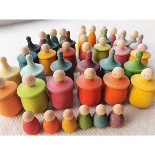 Rainbow Beech Little Thing Toys Handmade Wooden Cup Figure Gyro Game Color Sorting Peg Dolls for Kids